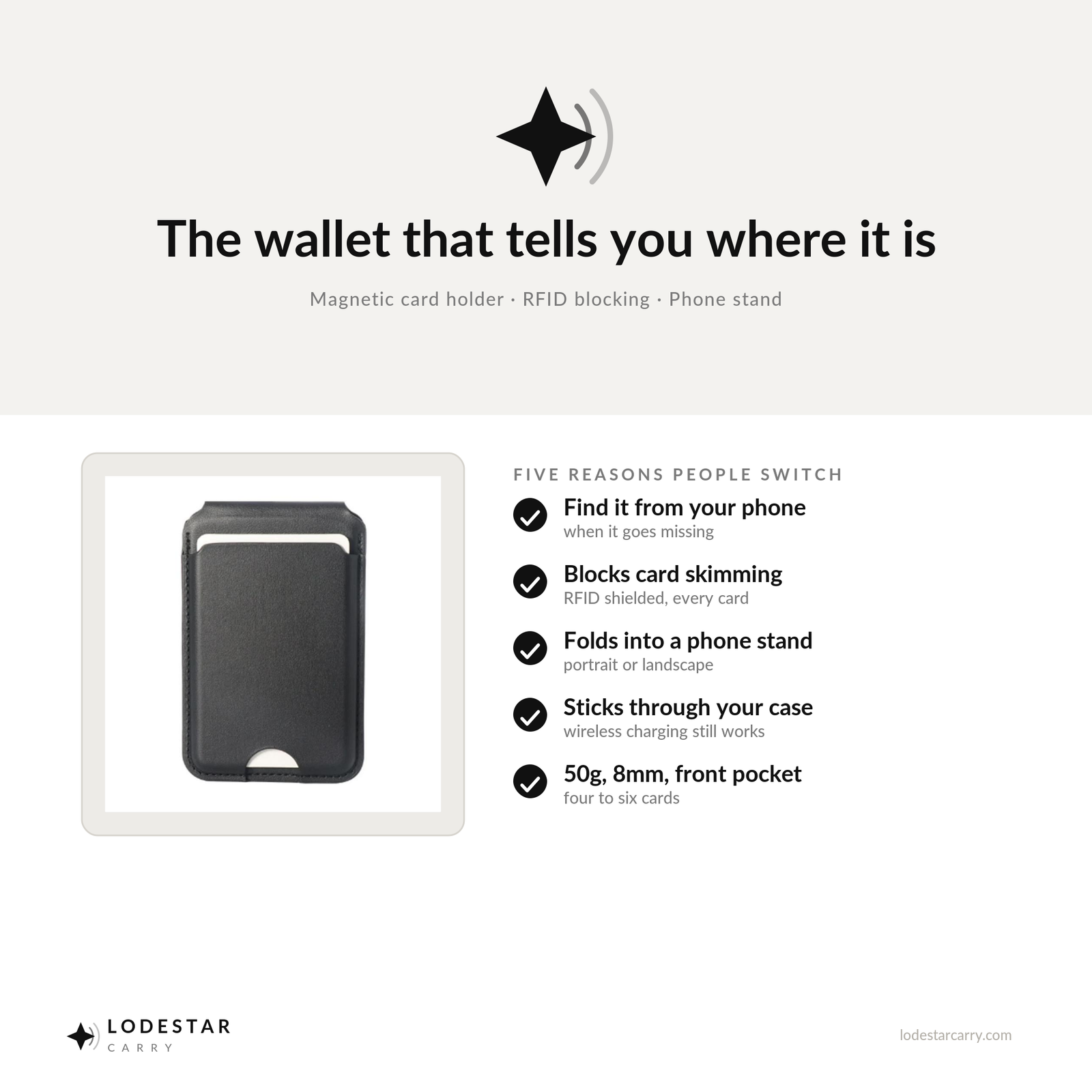 LODESTAR Tracker Wallet — Magnetic Card Holder & Phone Stand